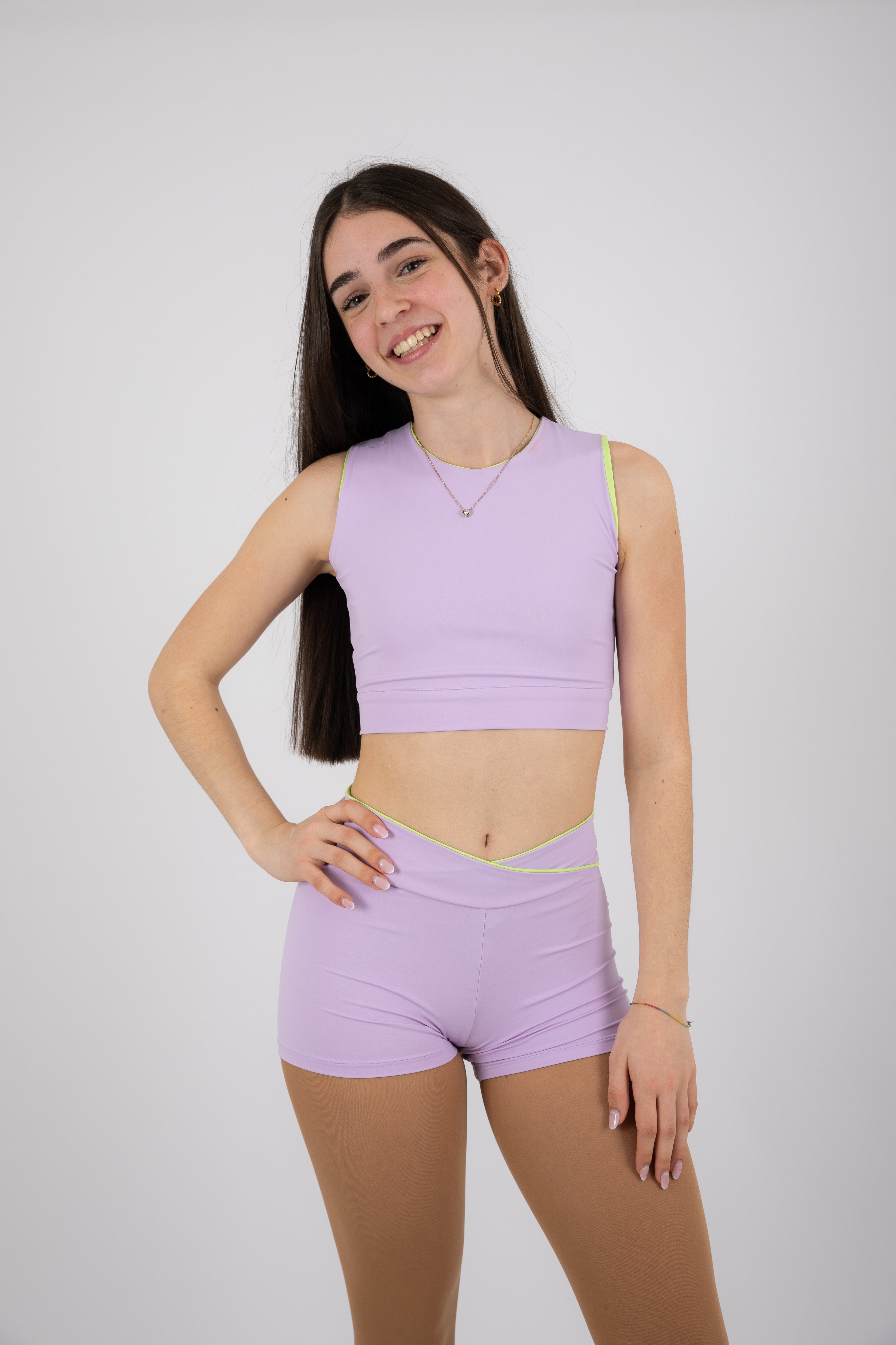 Conjunto Lilás/Verde Lima (Top + Calções)